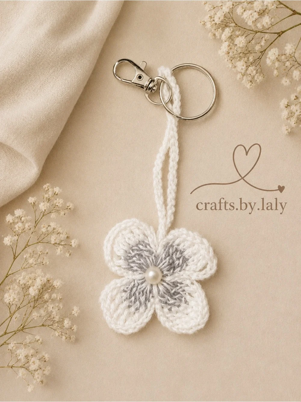 Hand Crafted White & Gray Crochet Flower Key & Card Holder with Pearl
